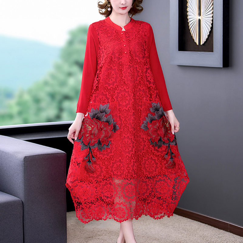 Women Red Embroidery Silk Hook Flower Hollow Sexy Maxi Dress Autumn Luxury Elegant Prom Dress 2022 Korean Vintage Party Vestidos alx