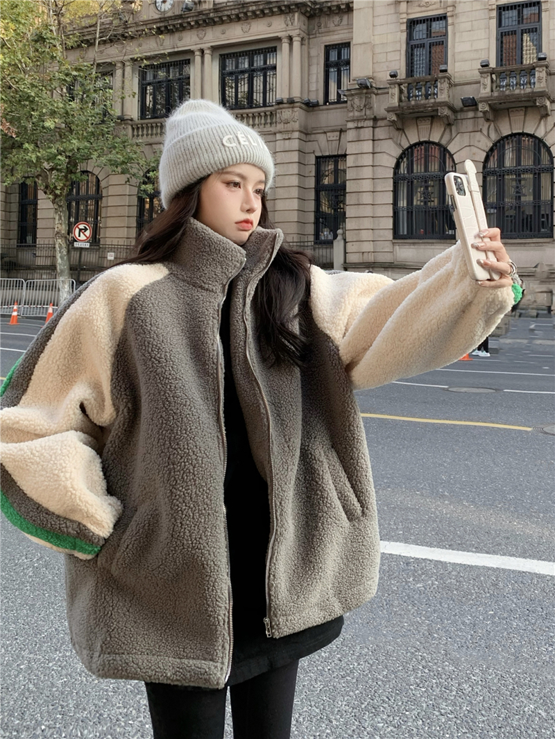 2023 New Winter Grey Zippercoat Lamb Wool Keep Warm Mid-length Women Sweatshirt Embroidery Cute Biscuit Bear Fashion Lady Pullov alx