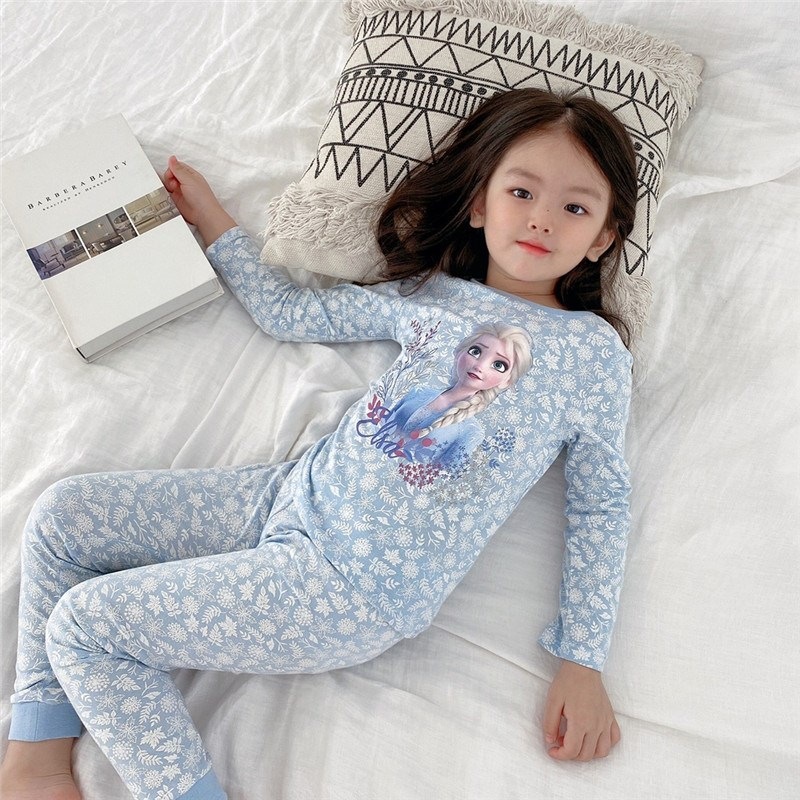 Baby Girls Pajamas Set Cartoon Frozen Elsa Print Kids Long Sleeve Home Sleepwear Spring Autumn Children Nightgown Clothes Sets alx