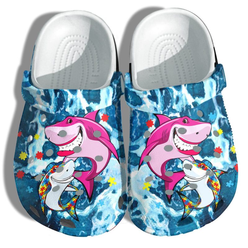 Autism Shark Mom And Shark Baby Beach Shoes – Autism Awareness Shark Ocean Blue Shoes Croc Clogs