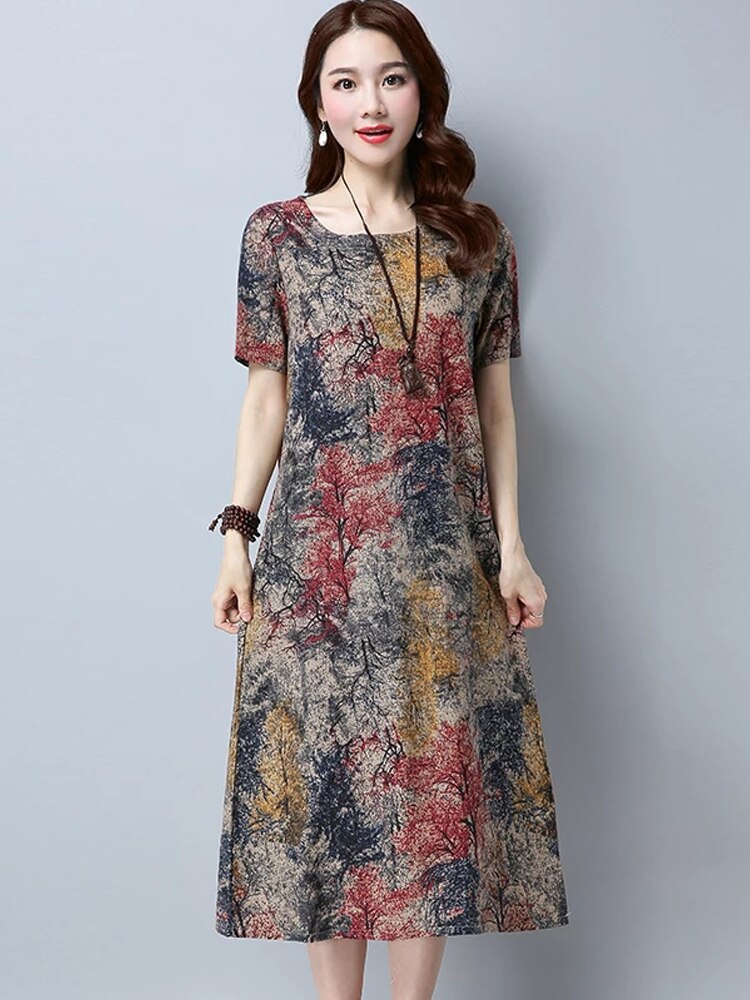 Women Cotton Linen Dress Summer Casual Loose A-Line Dresses O-Neck Short Sleeve Print Party Dresses Vestidos 4XL 5XL Robe Femme alx