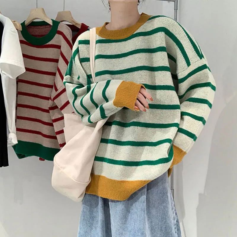 Striped Sweaters E Knitted Jumper Women Retro 2022 Autumn Winter New Loos Korean Fashion Womens Pullovers Sweaters alx