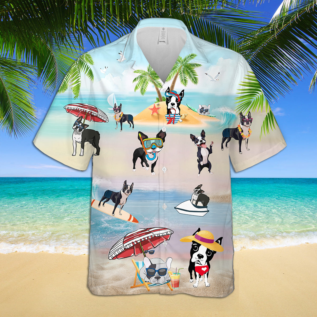 Boston Terrier At The Beach Hawaiian Shirt, Boston Terrier Hawaiian Shirt, Aloha Shirt For Dog Lover