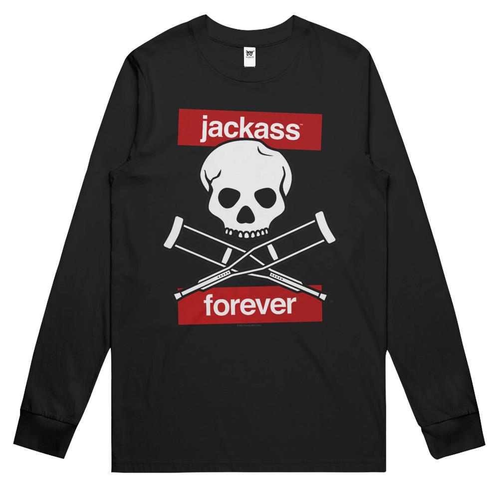 Jackass Forever Red Skull And Crutches Warning Logo Long Sleeve T Shirts