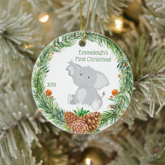 Personalized Ornament First Christmas Baby Elephant Customized Ceramic Circle Ornament 1 – 2 Sided