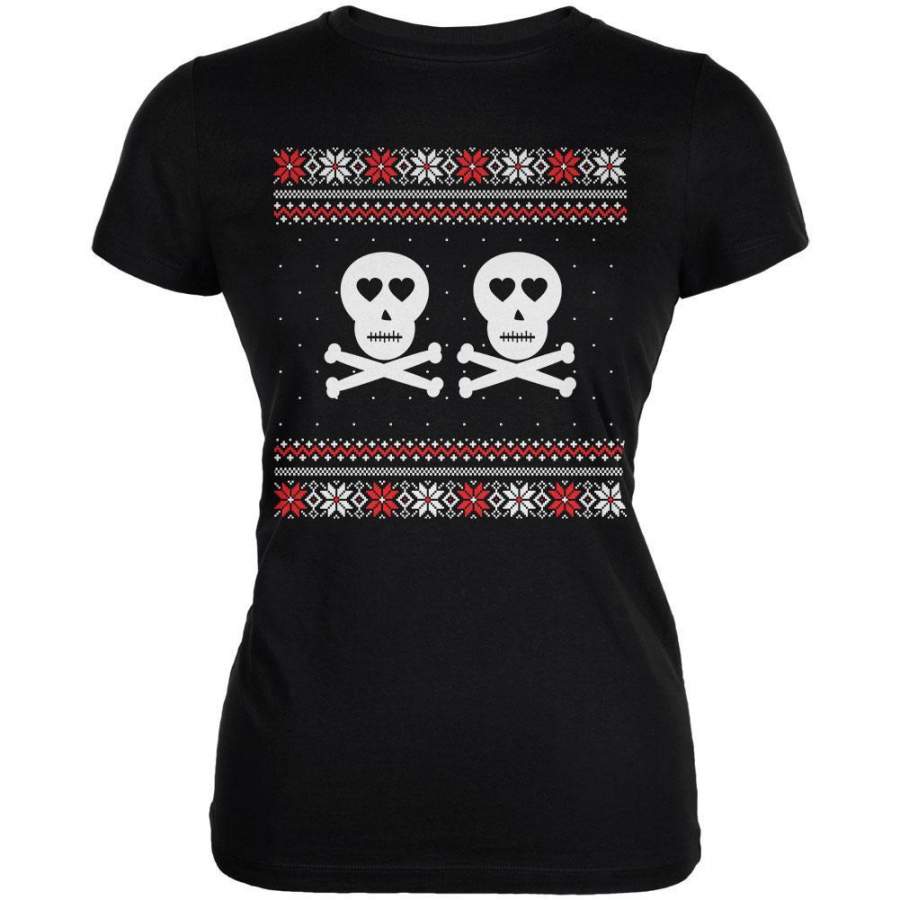 Skull and Crossbones Lovers Ugly Christmas Sweater Black Juniors T-Shirt