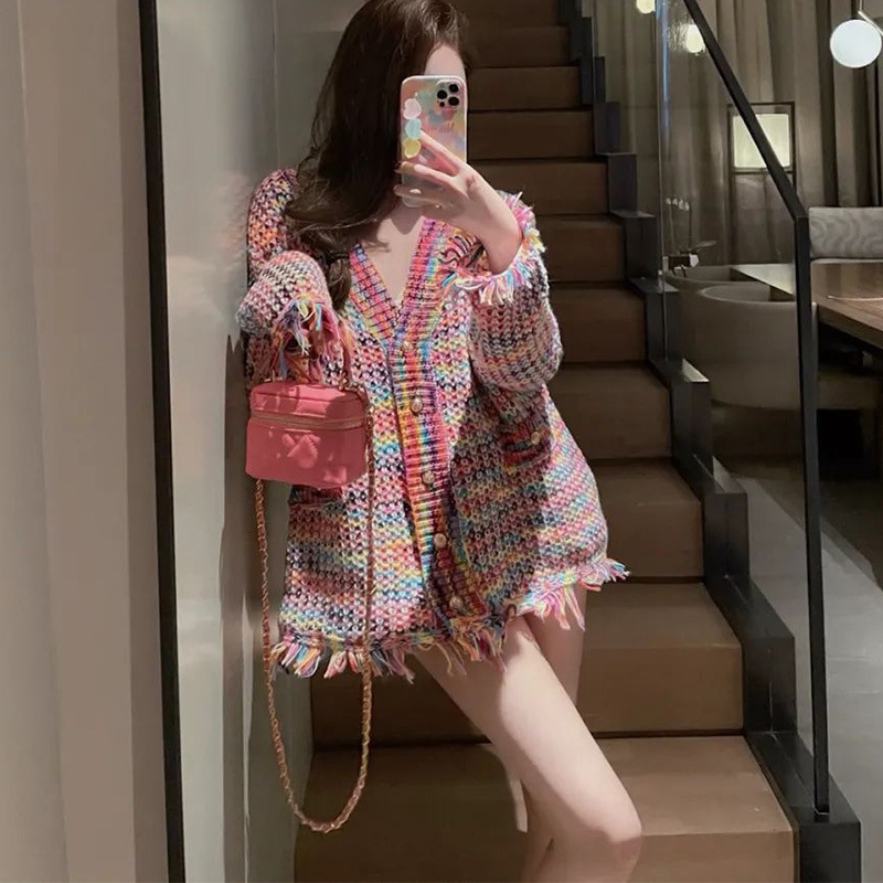 Autumn New Rainbow Tassel Cardigan Coat Female V Neck Fashion Loose Outerwear Sweater Coat Female Korean Casual Knit Top alx