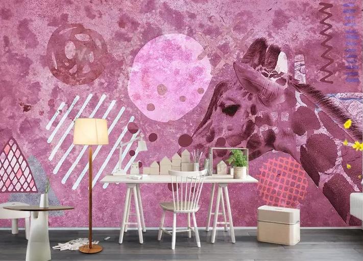 3D Hand Drawn Animal Giraffe Pink Wall Mural Wallpaper Lqh 209