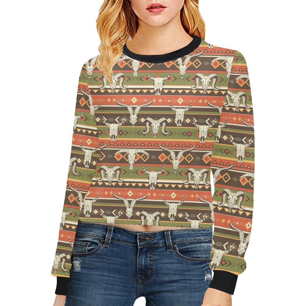 American Indian Skull Animal Cropped Pullover Sweatshirt