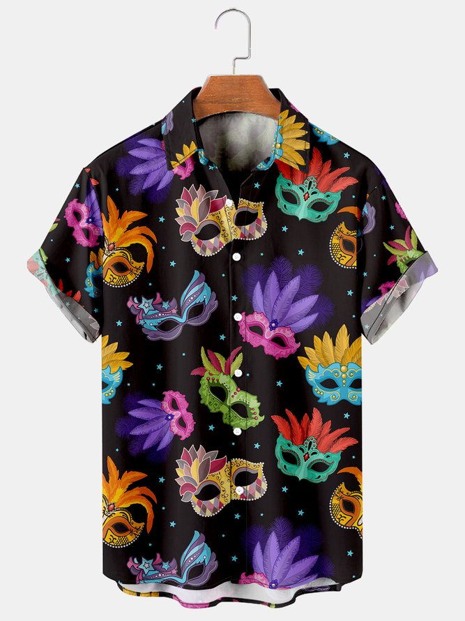 Fun Mardi Gras Mask Print Black Cotton Blend Short Sleeve Hawaii Shirt Ha98402