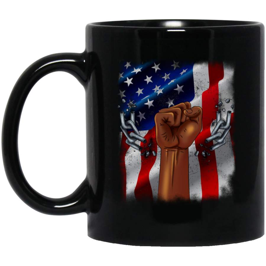 African American Coffee Mug Strong Hand Broken Chain With American Flag 11oz – 15oz Black Mug