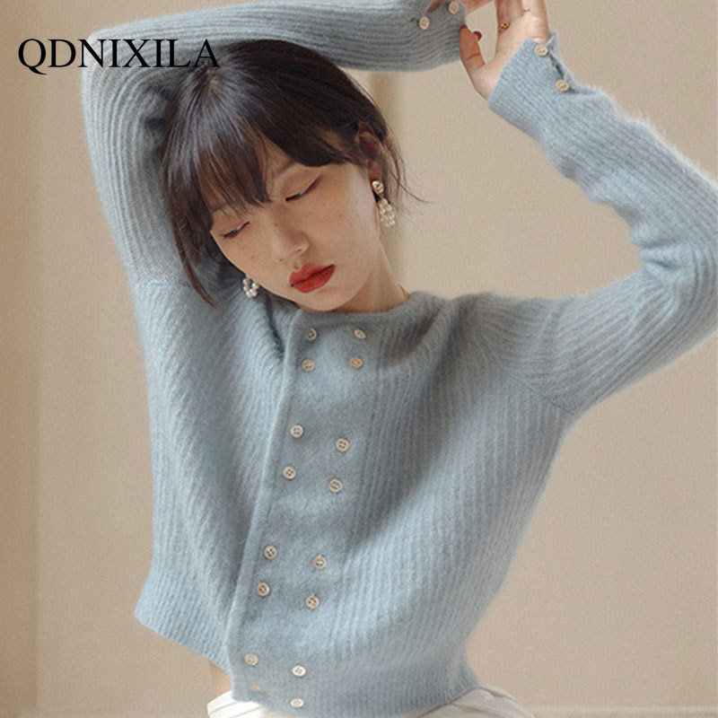 2022 Autumn Winter Mohair Blue Cropped Knitted Pink Women’s Cardigan Sweater Korean Fashion Short Top Retro Thin Coats Pullover alx