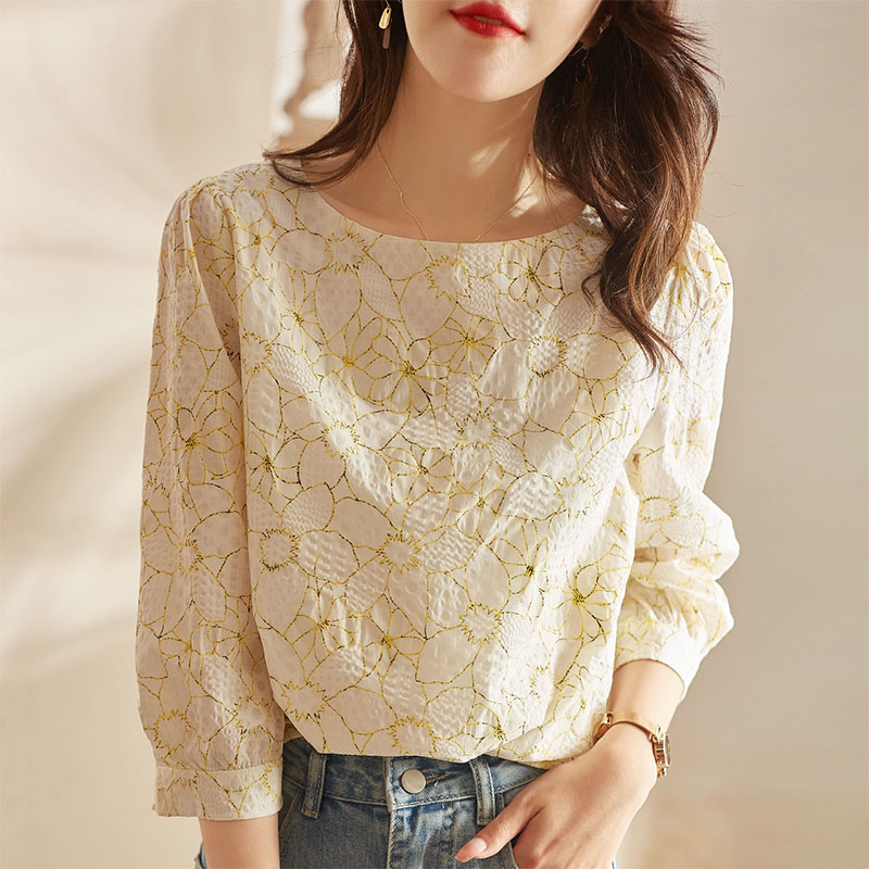 2022 Summer New Elegant Women Floral Print Shirt Round Neck Fashion Jacquard 3/4 Lantern Sleeve All-match Blouse Female Clothing alx