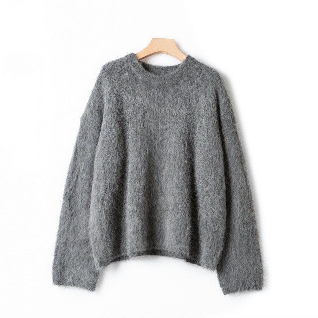 Women’s Solid Color Sweater Long Sleeve Alpaca Blend O-Neck Simple Loose Early Autumn Female Furry Jumper 2021 New alx