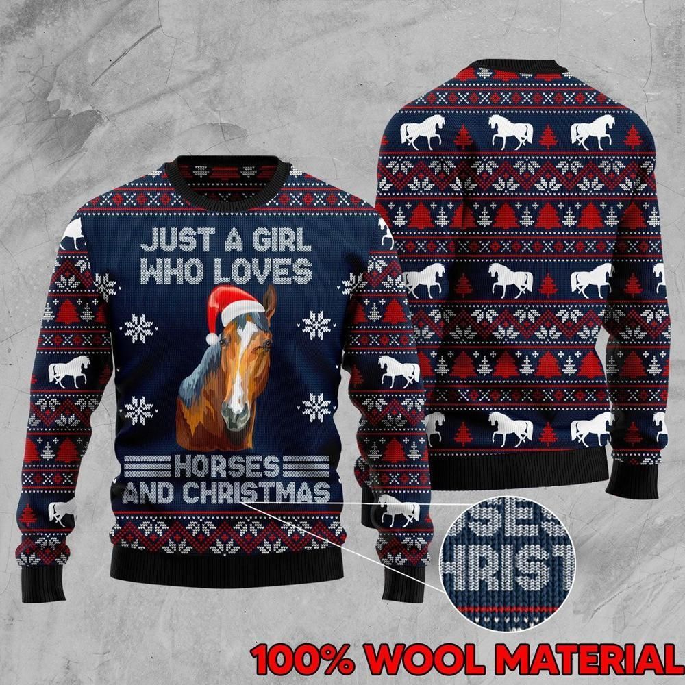 Unifinz Horse Christmas Ugly Sweater Just A Girl Who Loves Horses And Christmas Black Red Blue Sweater 2022