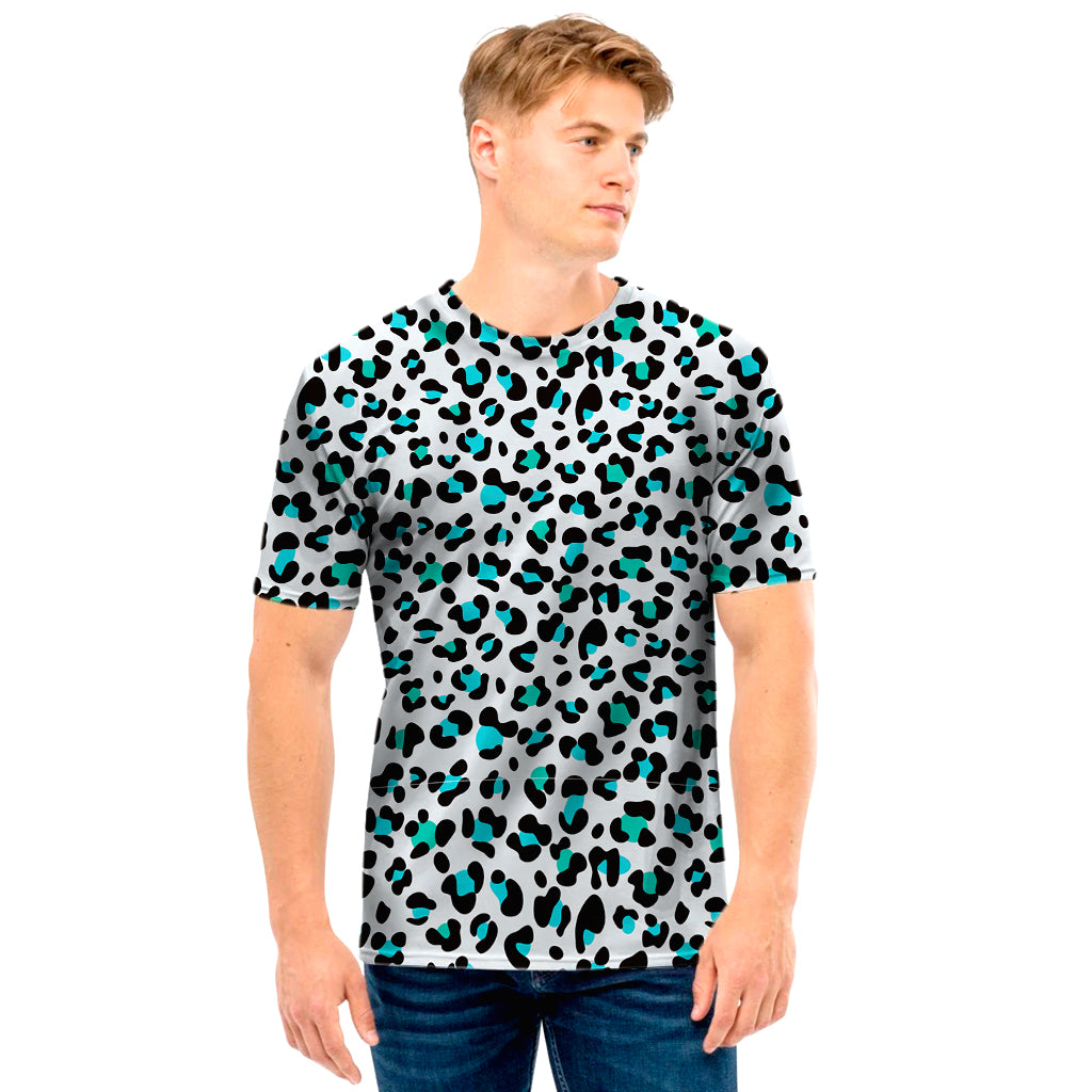 White And Teal Leopard Print Men’S T-Shirt