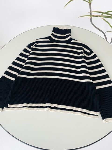 2021 Hot Sale Women Turtleneck Striped Sweater Long Sleeve Irregular Lady Simple Split Knit Pullover Top Female Jumper Knitwear alx