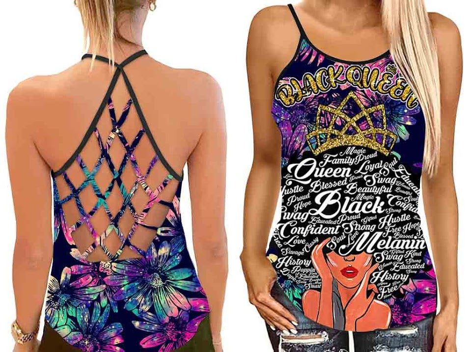 Black Queen Hippie Trippy Soul Tank Top Shirt Women – Black Queen Criss Cross Open Back Camisole Tank