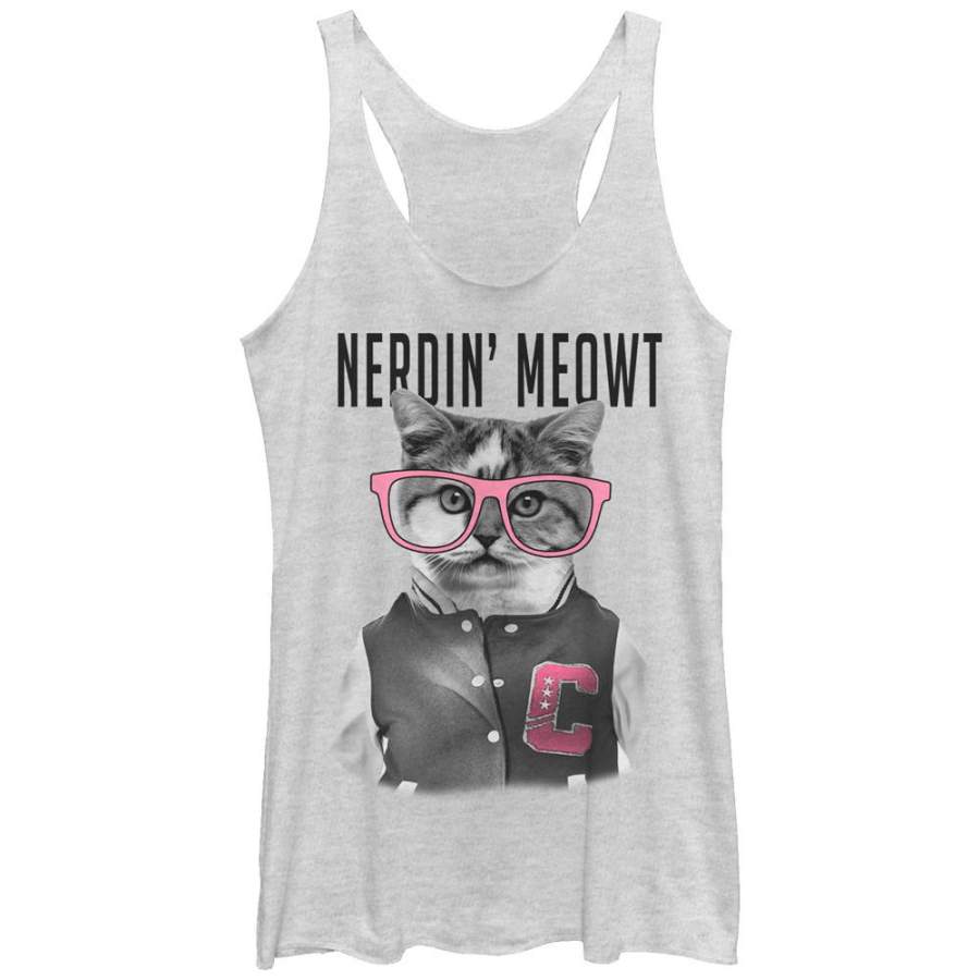 Lost Gods Women’s Nerdin Meowt Kitten  Racerback Tank White Heather