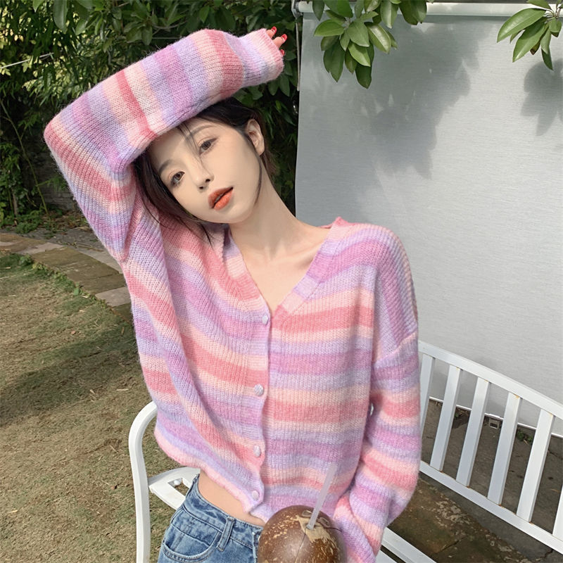 Cropped Cardigan Women Rainbow Striped Sweet Retro Tender Spring New Girlish Preppy Young Harajuku Y2k Holiday Sweater Mujer Ins alx