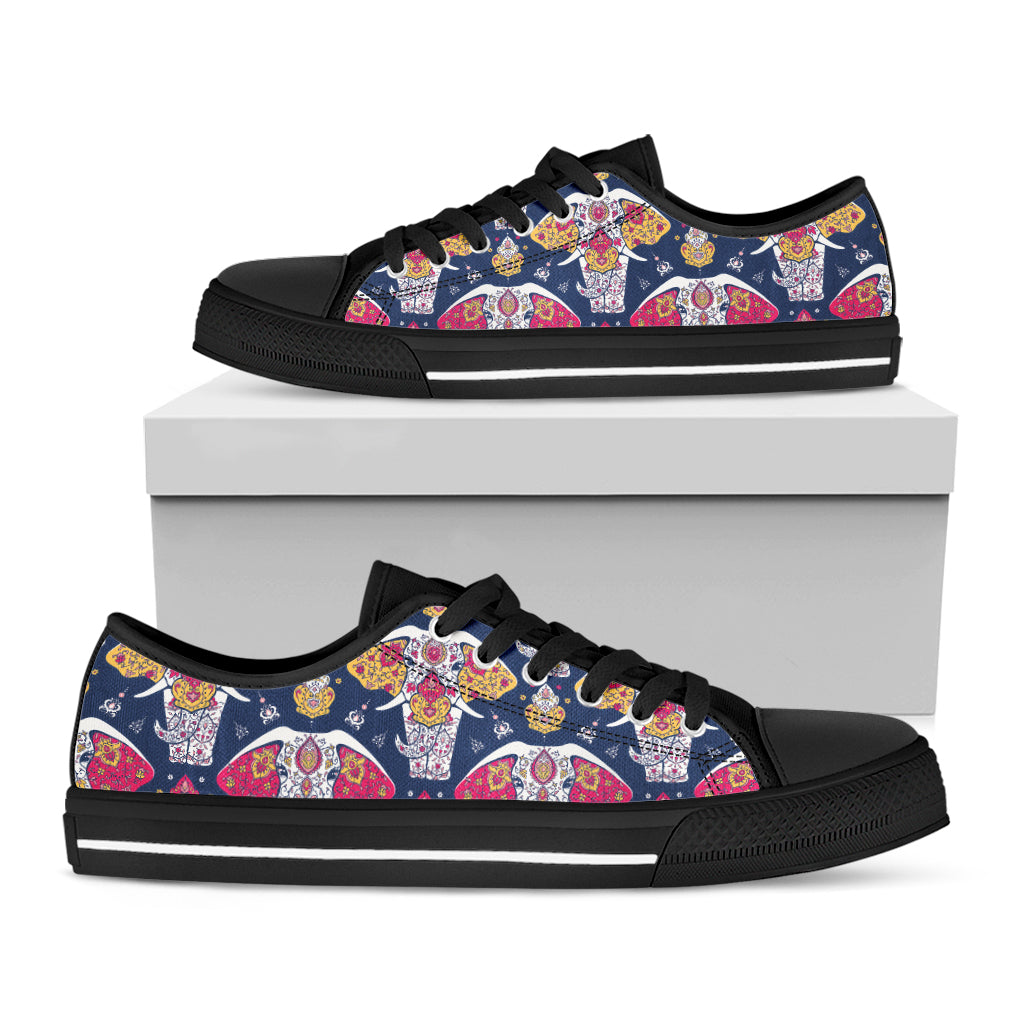 Indian Floral Elephant Pattern Print Black Low Top Shoes