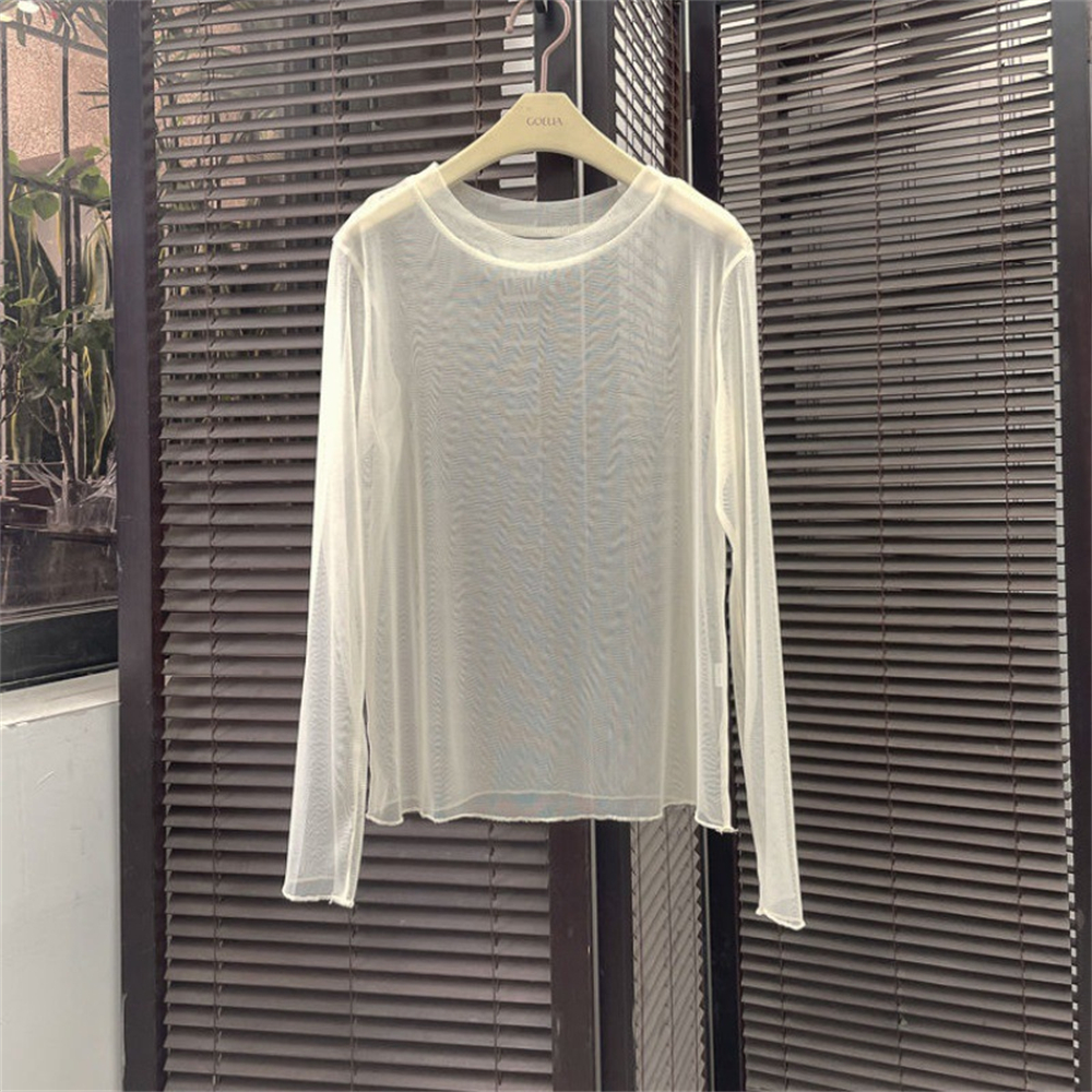 Solid Basic T-shirts Women Sheer Lace ThinTransparent Long Sleeve Sun Protection Mesh T Shirt Tops Blouse For Woman Covers Blusa alx