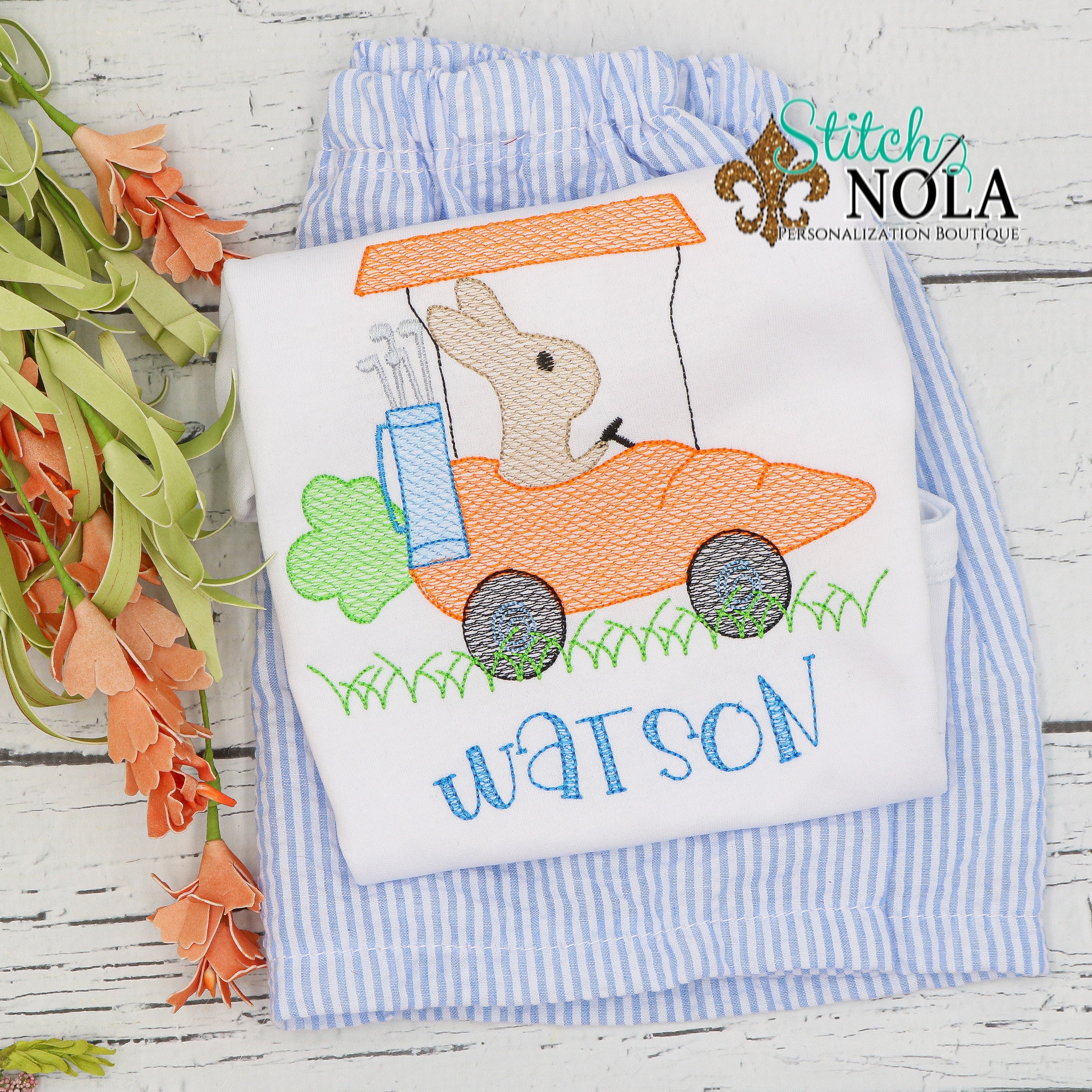 Personalized Easter Bunny Driving Carrot Golf Cart Sketch Shirt