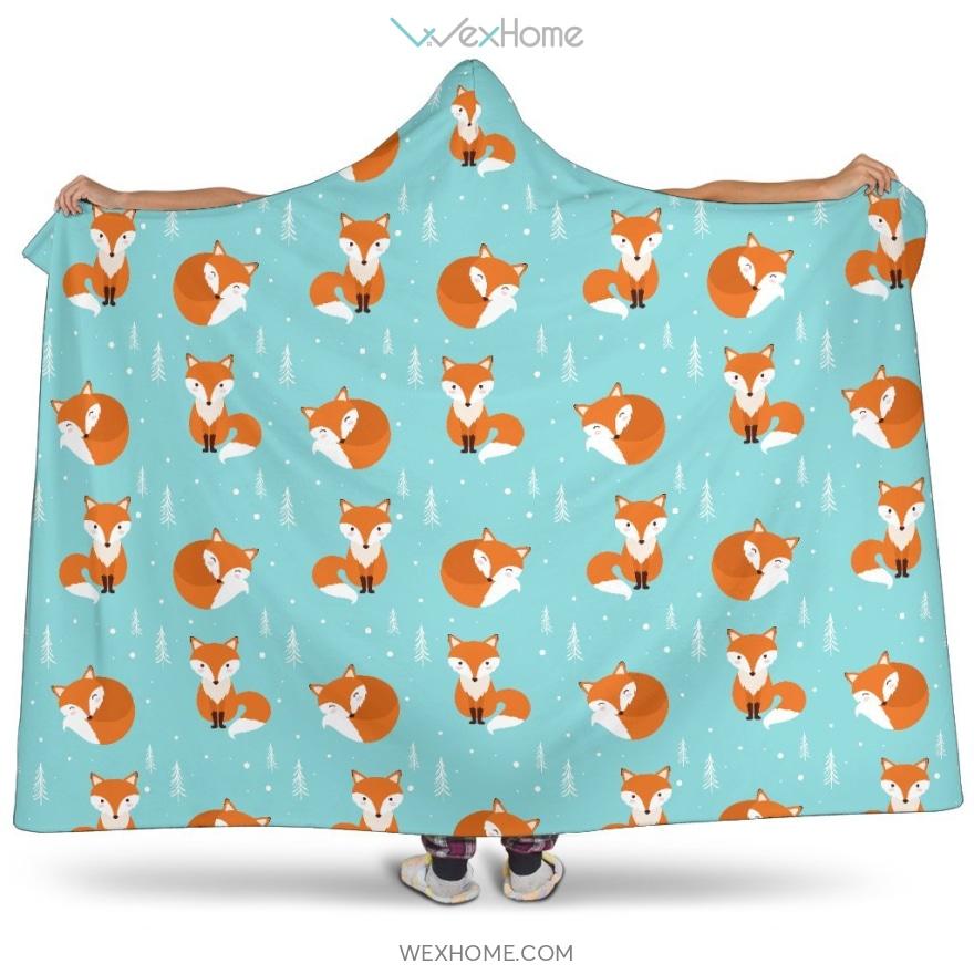 Fox Pattern Blue B Ackground Hooded Blanket