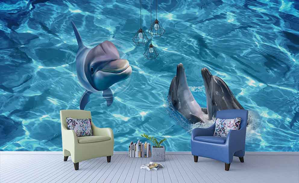 3D Aquarium Animal Dolphin Wall Mural Wallpaper Lqh 237