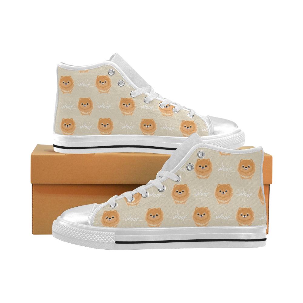 Cute brown pomeranian puppy on blue Women’s High Top Shoes White