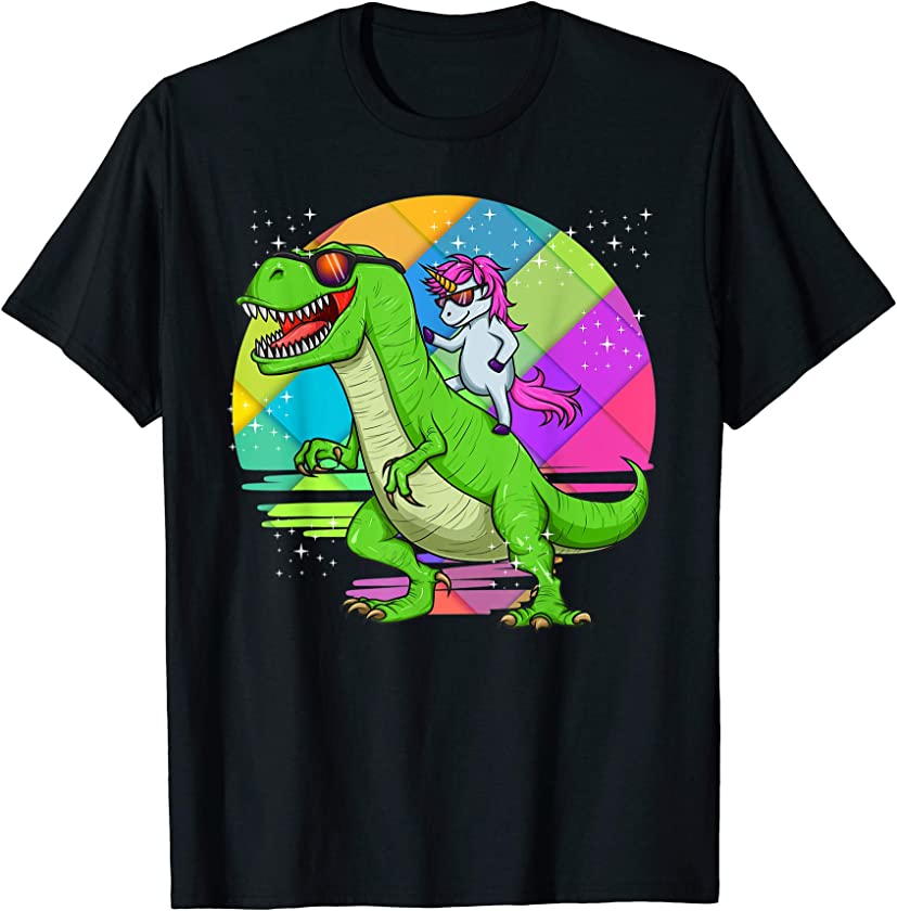 Unicorn Riding Dinosaur T Rex Rainbow Cute Fun Gift T-Shirt