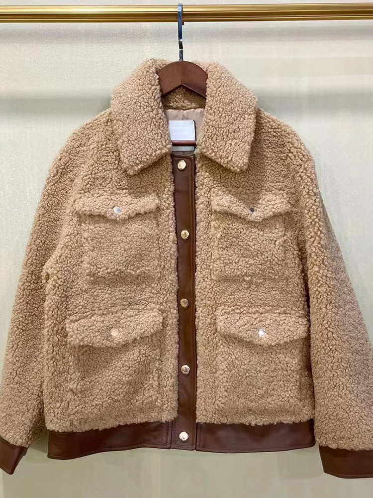 Autumn Winter New SAND Teddy Bear Imitation Lamb Wool Jacket Women Fashion PU Splicing High Quality Ladies Coat Tops Outwear alx