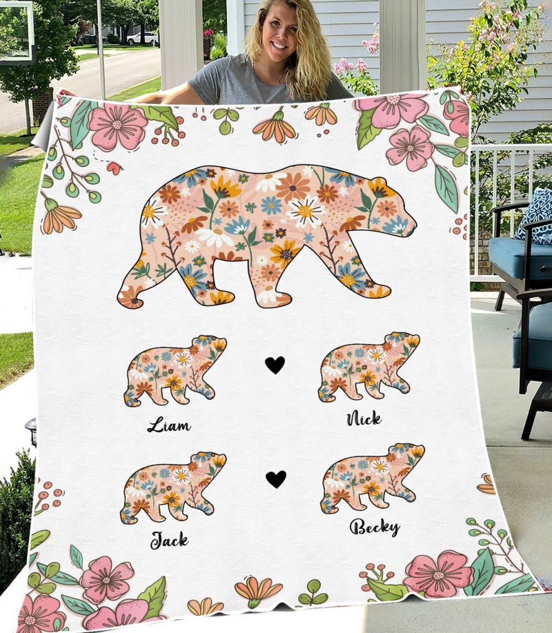 Flower Mama Bear Personalized Blanket, Best Gift For Family