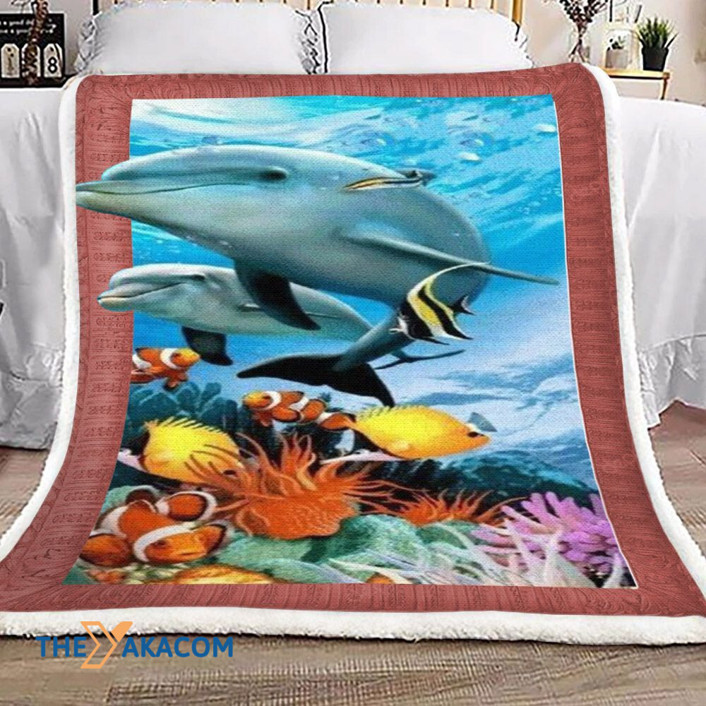 3D Huge Dolphin And Yellow Fish Under The Ocean Fleece Sherpa Throw Blanket