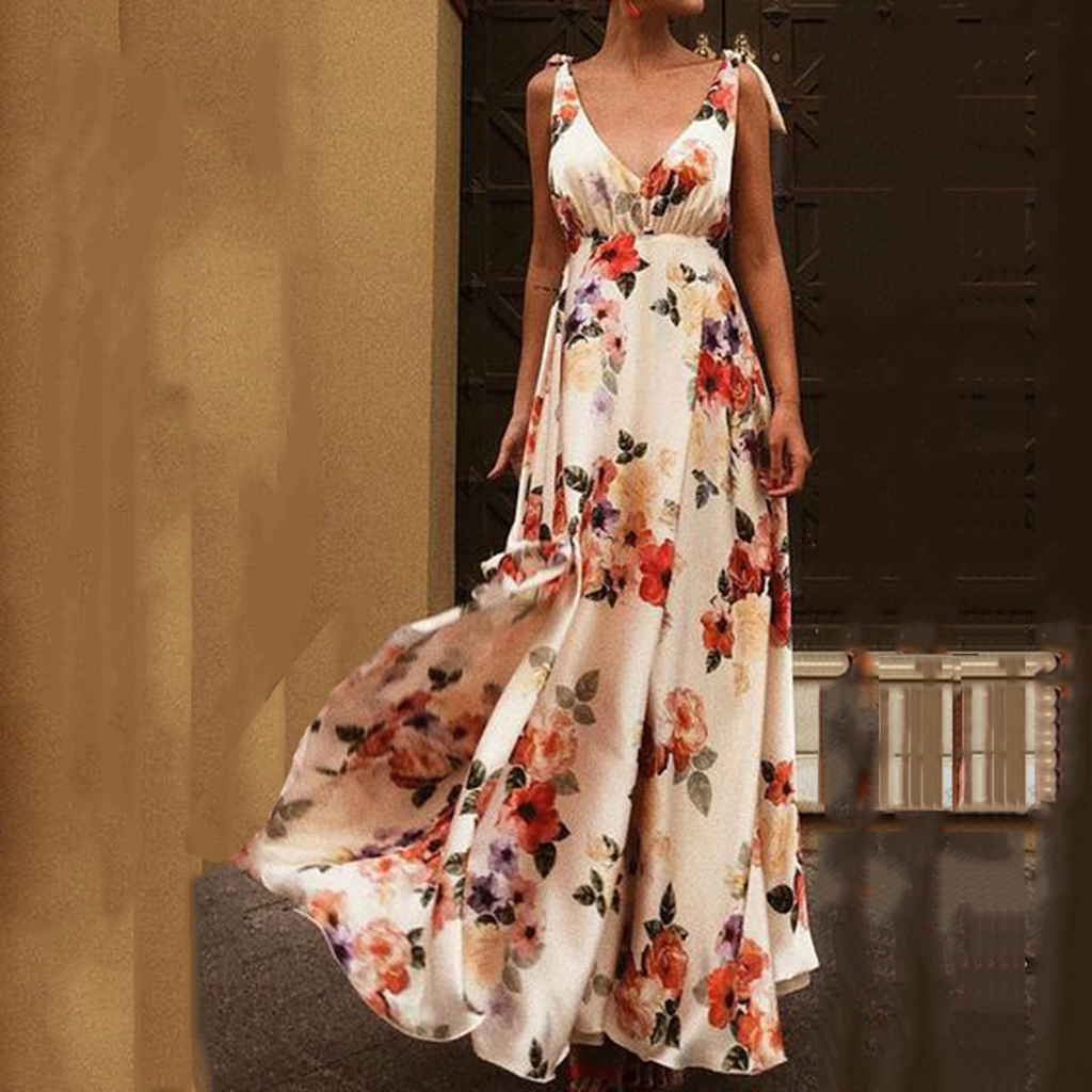 Summer Sexy Backless Shoulder Dress Sunshine Seaside elegant print boho long skirt irregular beach broken flower connect a body alx