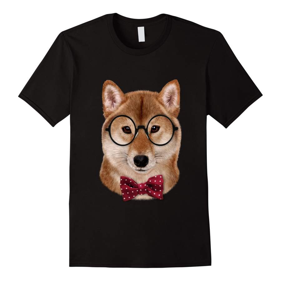 Nerd Shiba Inu in Eyeglass and Bow Tie, Japanese Dog Men T-Shirt
