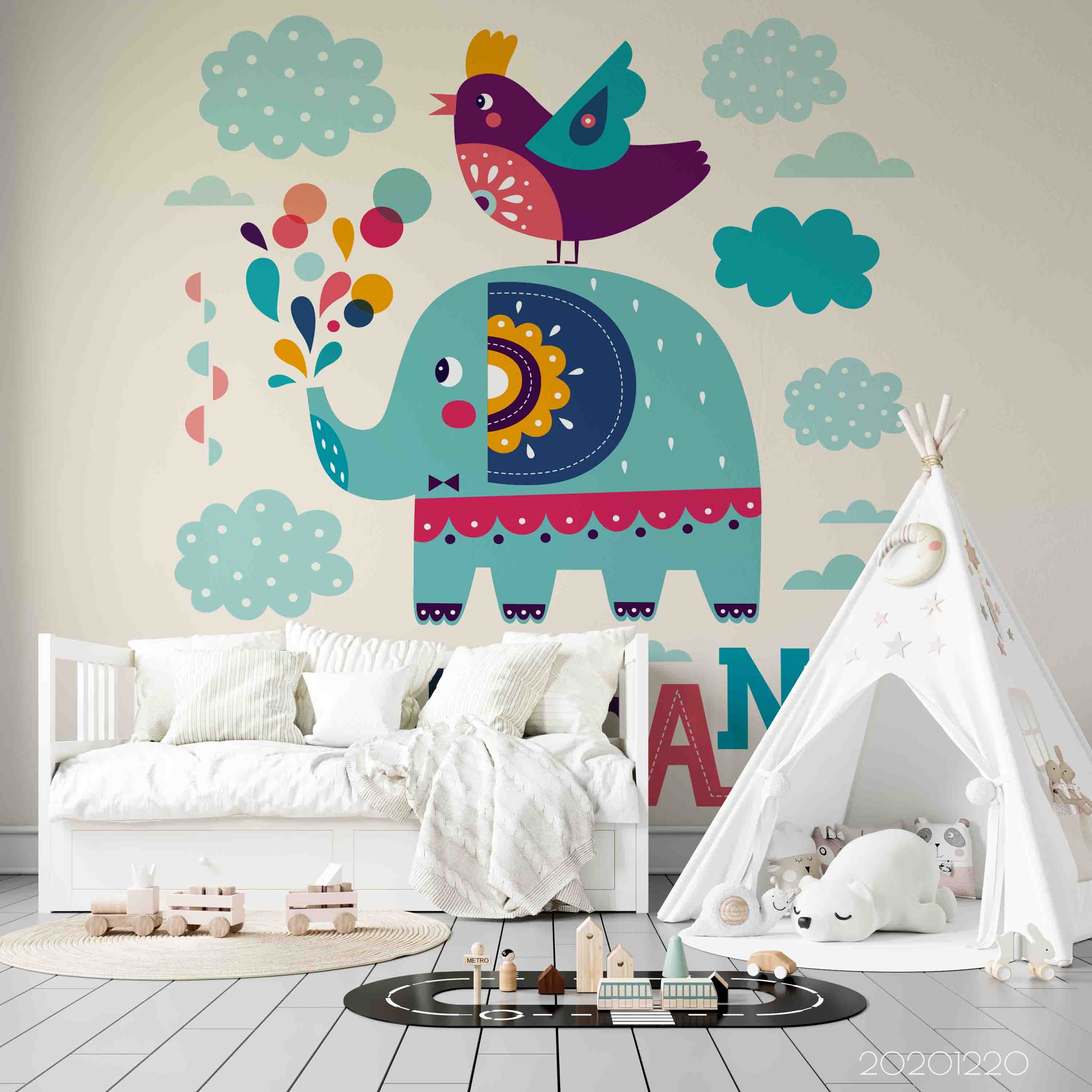 3D Hand Drawn Animal Elephant Bird Wall Mural Wallpaper Lqh 142