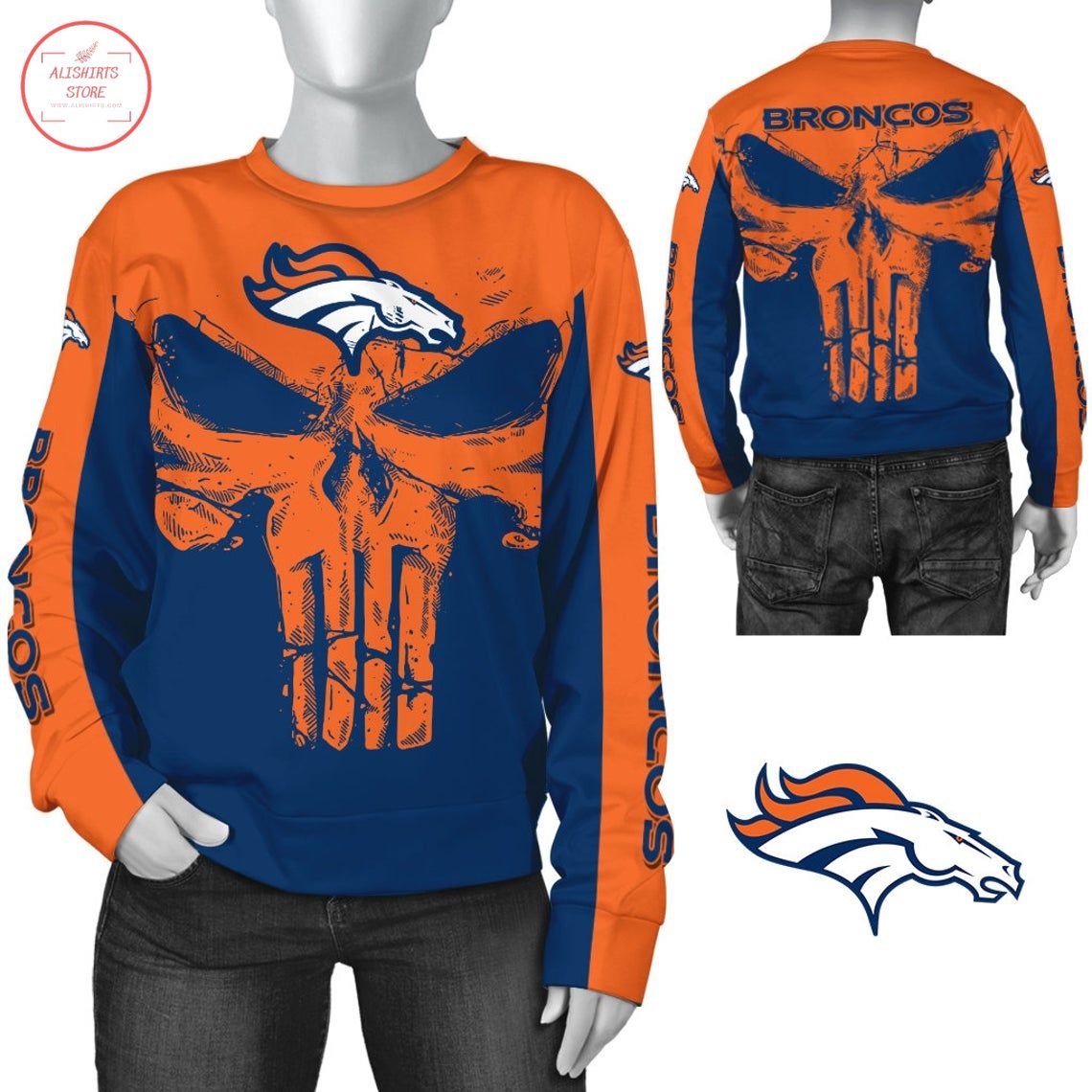 Denver Broncos Punisher Skull Orange Navy Blue Gift For Fan 3D Full Printing Sweatshirt