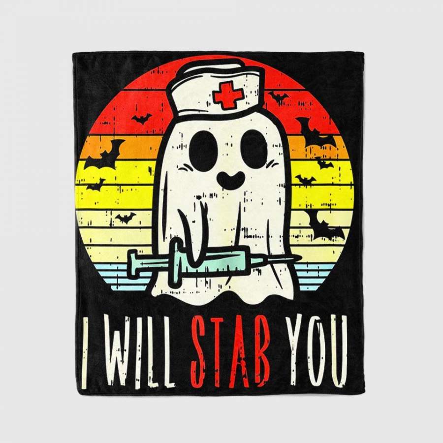 Womens Will Stab You Ghost Nurse Retro Halloween 2020 Nursing Rn Blanket Personalized Fleece Blanket Halloween Gifts