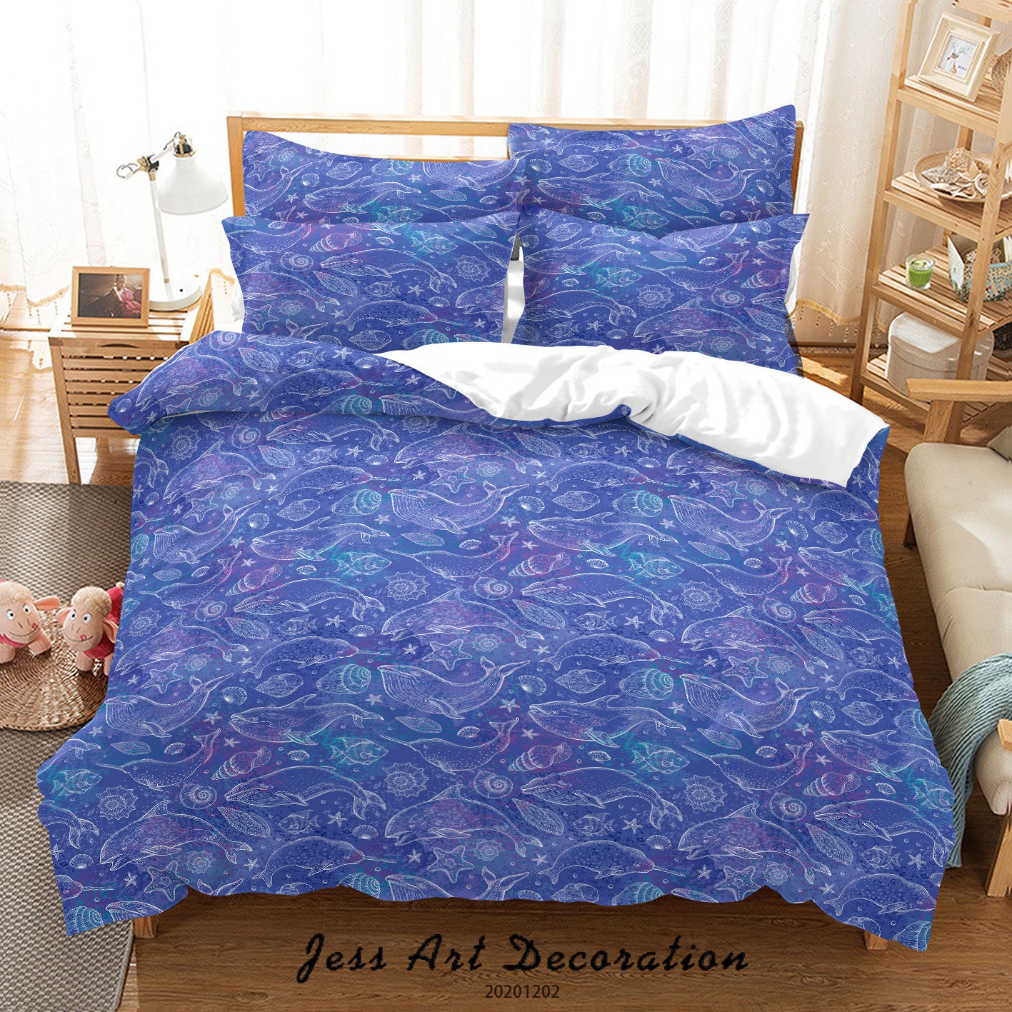 3D Hand Drawn Blue Ocean Whale Conch Star Fish Pattern Quilt Cover Set Bedding Set Duvet Cover Pillowcases Lxl