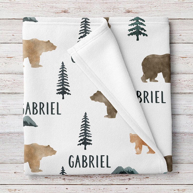 Bears And Mountains Woodland Personalized Baby Blanket, Baby Boy Blanket, Baby Girl Blanket, Baby Shower Gift