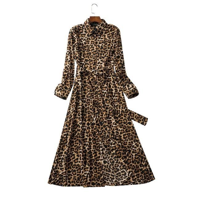 Vintage Leopard Print Sashes Long Shirt Dress Women 2019 Fashion Long Sleeve Animal Pattern Maxi Dresses Casual Vestidos Mujer