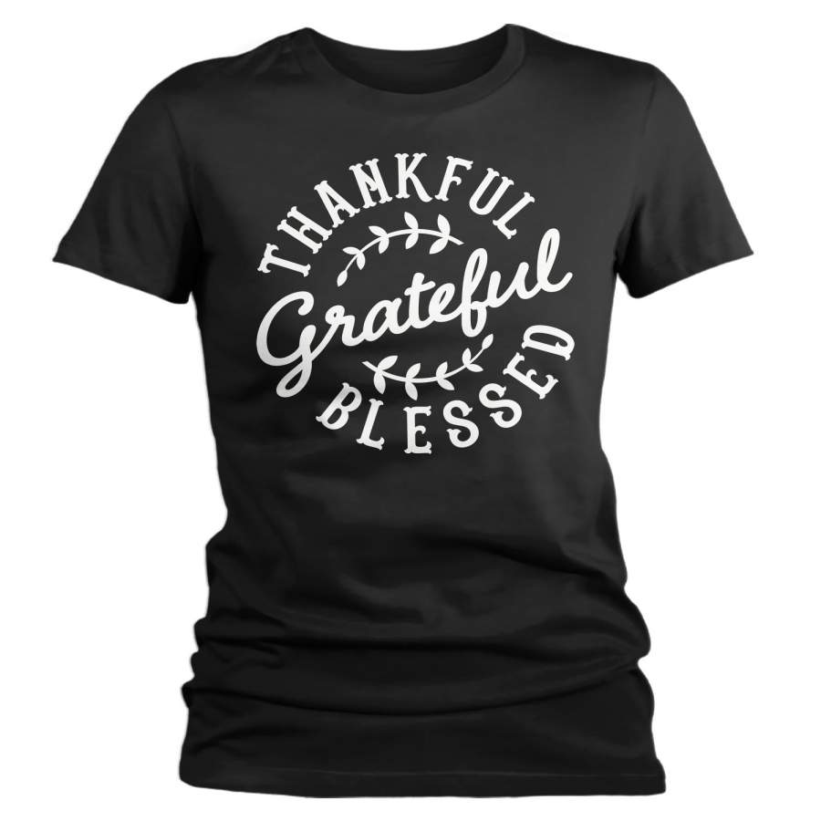 Women’s Thankful Grateful Blessed T Shirt Thanksgiving Shirts Vintage Thanksgiving Shirt Thankful Shirts Blessed Shirt