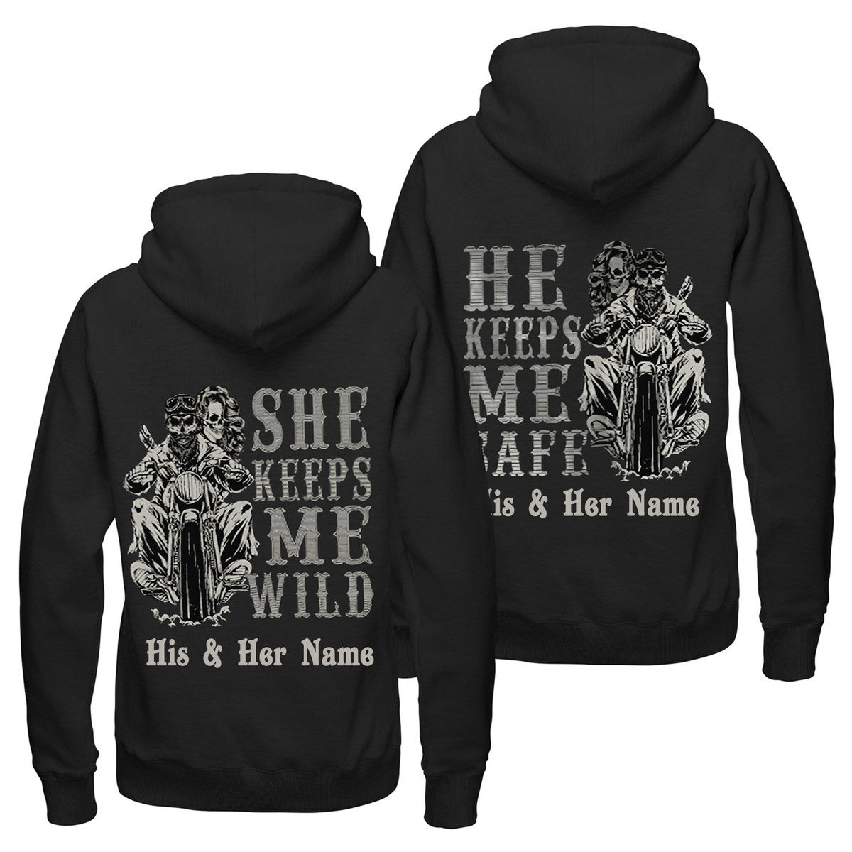 Personalized She Keeps Me Wild He Keeps Me Safe Hoodie, Custom Couple Matching Hoodie, Couple Skull Hoodie, Valentine Unisex Hoodie