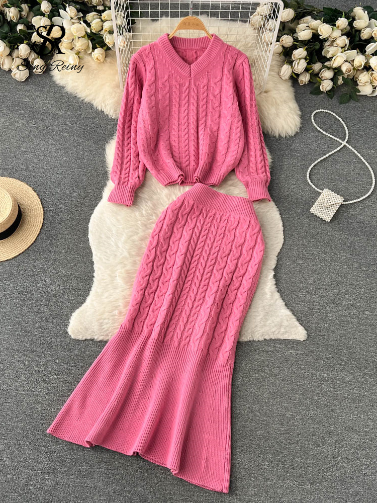 SINGREINY Winter Women Knitted Sets French Senior V Neck Knit Top+Long Fashtail Skirt Fashion Thick Sweater Two Pieces Suits alx