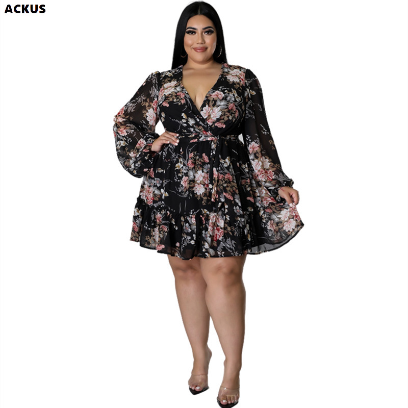 ACKUS Plus Size Women Dresses Sweet Floral Print Sexy V Neck High Waist Belt Loose Dress Vacation Beach Mini Midi Dress Summer alx