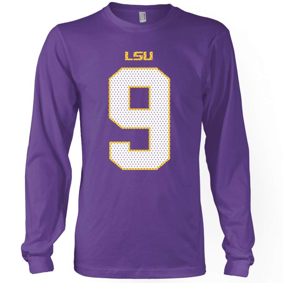 B&B Dry Goods LSU Tigers #9 Football Jersey Heavyweight Long Sleeve T-Shirt – Purple