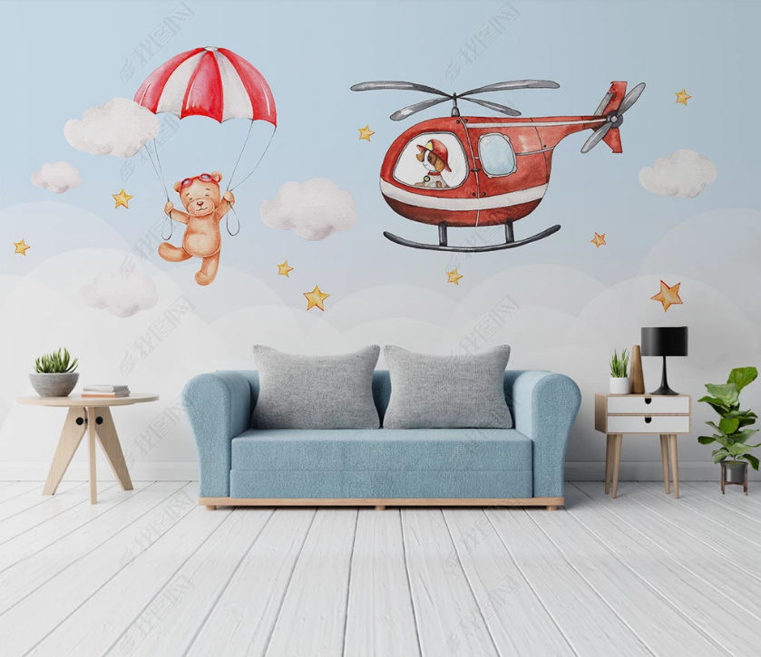 3D Cartoon Animal Bear Airplane Hot Air Balloon Wall Mural Wallpaper Lqh 43