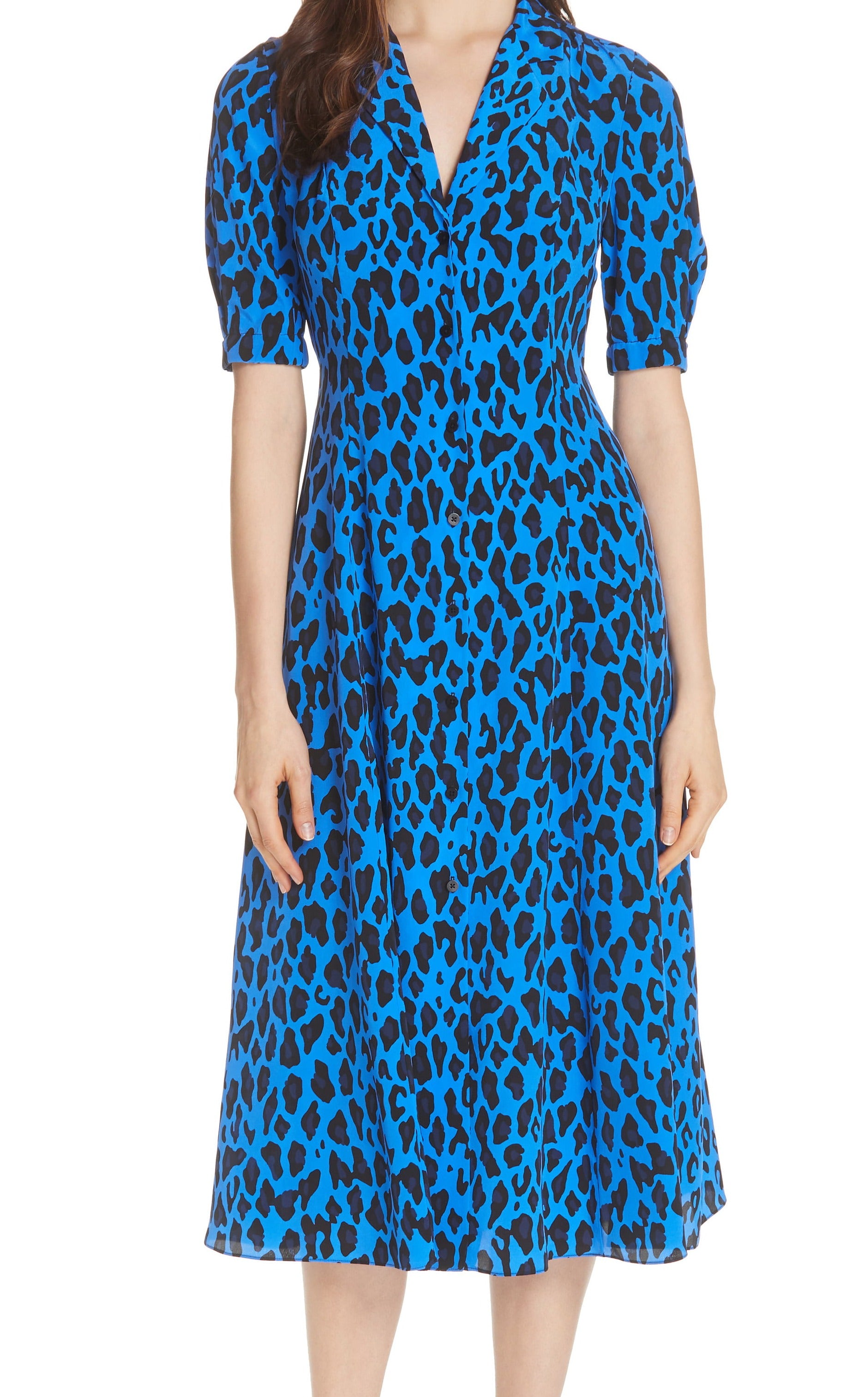 Diane Von Furstenberg Women’S Shirt Dress Blue Size 0 Leopard Silk