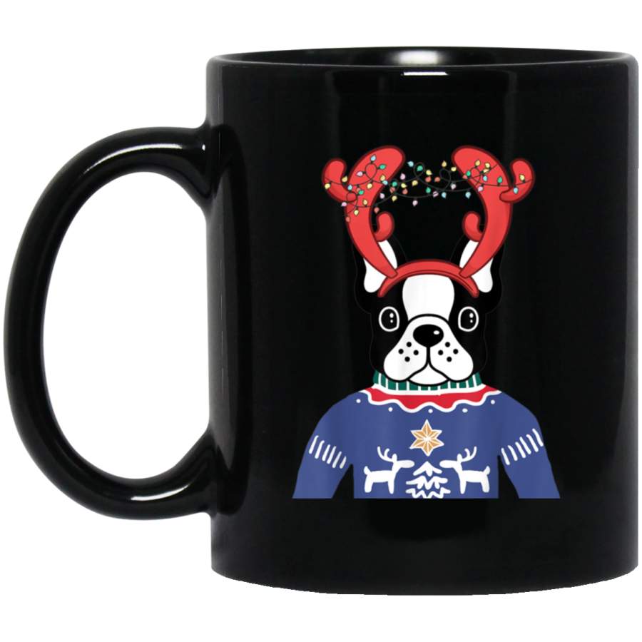 Boston Terrier Dog Ugly Christmas Sweater Holidays 11 oz 15 oz Mug Black